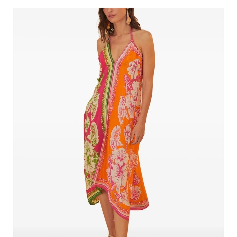 FARM Rio Asymmetrical Floral Halter Dress Beaded Tassel Tie Size Medium